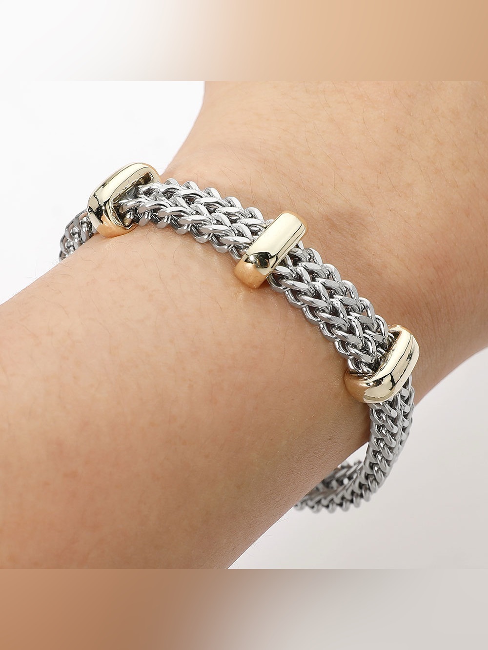 14K Gold Plated Two Tone Bar Accent Braided Layered Chain Magnetic Bracelet